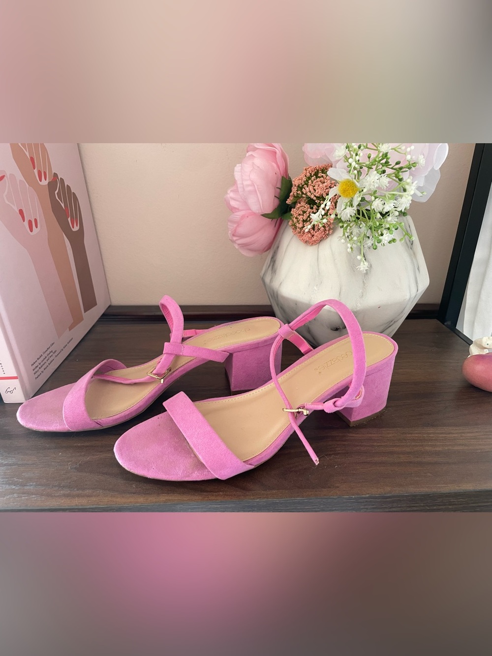 Shoe Dazzle Pink Suede Block Heel Sandals
